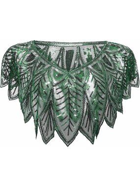 Women's Green 1 1920s Shawl Sequin Beaded Evening Cape Retro Wedding Wraps Scarf